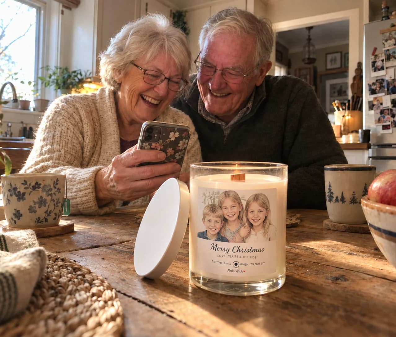 Grandparents at their kitchen table laughing at a phone, a lit Hello Wick candle labelled Merry Christmas from the grandkids beside them