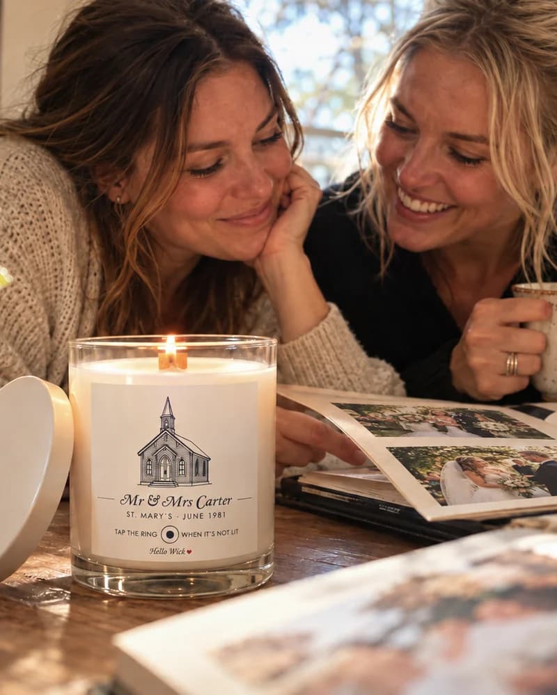 Two grown daughters at a sunlit table over their parents' wedding album, a lit Hello Wick candle labelled Mr & Mrs Carter beside them