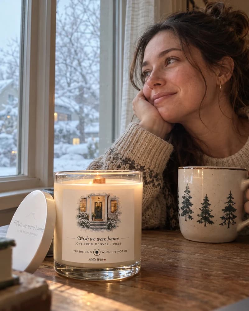 A woman far from home daydreaming by a snowy window, a lit Hello Wick candle labelled Wish we were home beside her, its engraved lid leaning on it