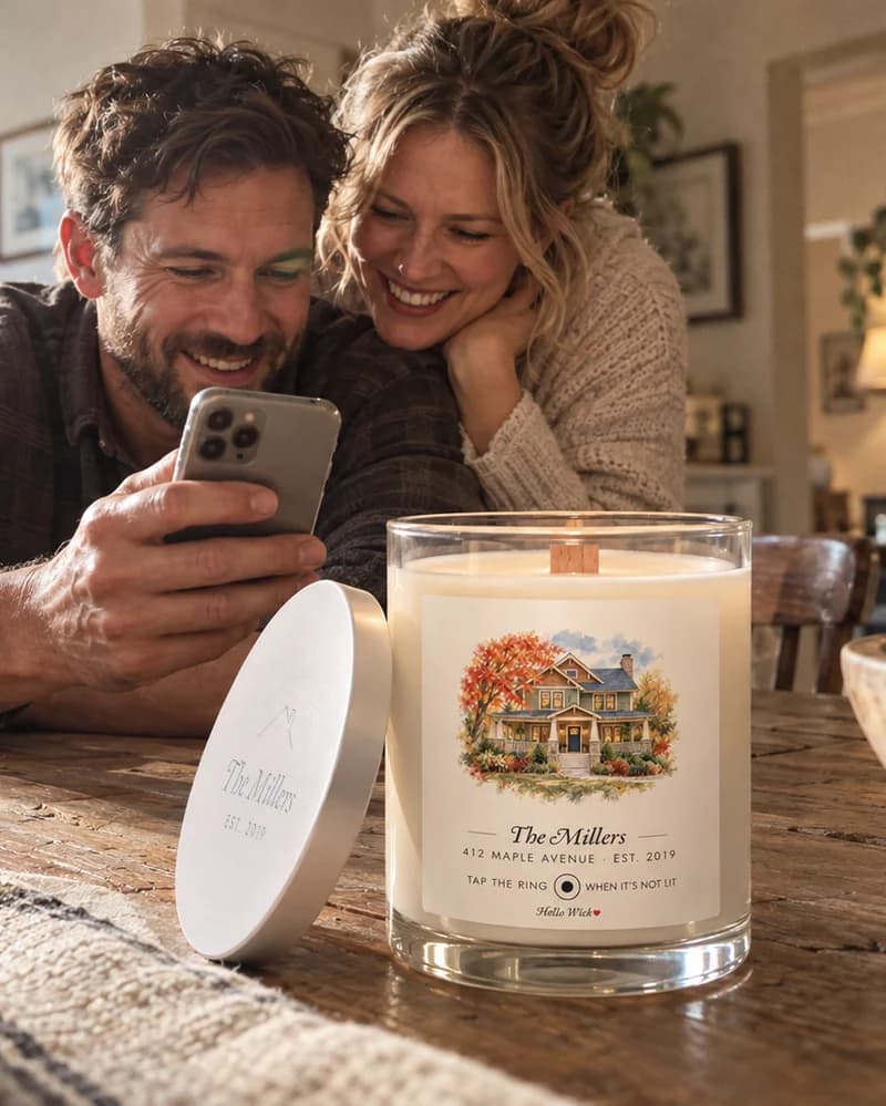 A young couple at their new kitchen table smiling at a phone, a lit Hello Wick candle labelled The Millers beside them, its engraved lid leaning on it